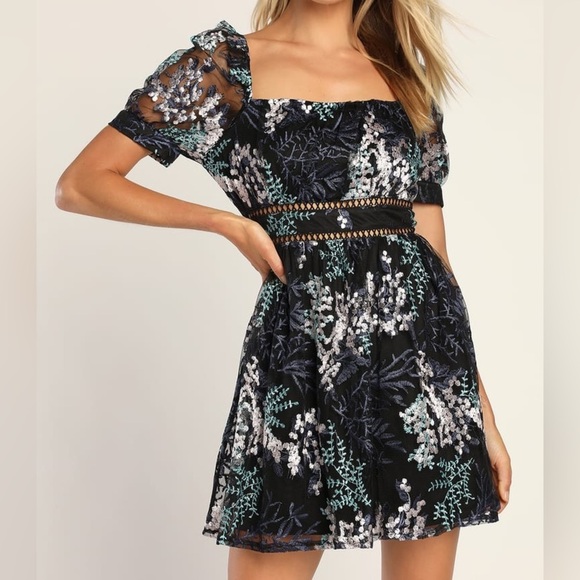 Lulu’s Radiant Love Black Multi Embroidered Short Sleeve Skater Dress - Picture 1 of 14